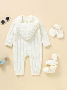 Baby Girl Button Front Hooded Cable Knit Jumpsuit - White - View 2