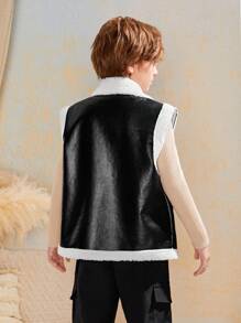 SHEIN Tween Boy Slim-Fit Sports Stand Collar Furry Pu Composite Jacket - Black - View 2