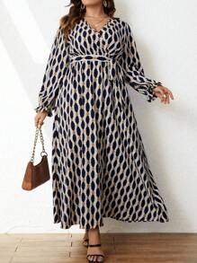 SHEIN Clasi 大碼滿版印花喇叭袖繫腰帶洋裝 - 彩色 - 查看 4