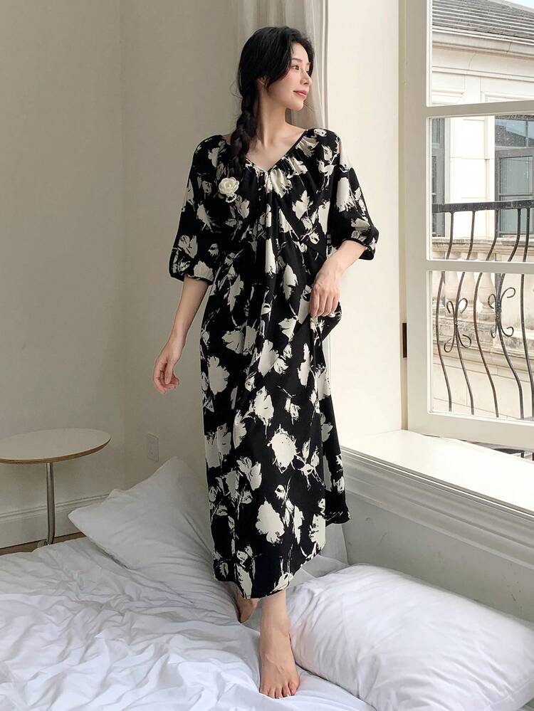 DAZY Allover Floral Print Night Dress - Black - View 6