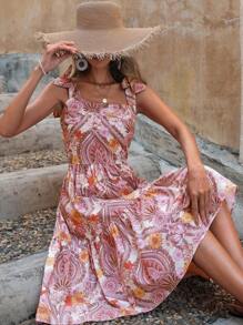 RueChic Floral Print Knot Shoulder Ruffle Hem Cami Dress - Multicolor - View 1