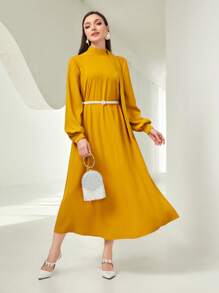 Modelyn Mock Neck Lantern Sleeve Dress Without Belt - Mustard Yellow - View 3