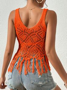 SHEIN VCAY 流蘇下擺鏤空罩衫上衣 - 橘色 - 查看 2