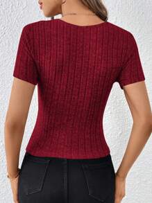 SHEIN Essnce Surplice Neck Ribbed Knit Tee - Burgundy - View 2