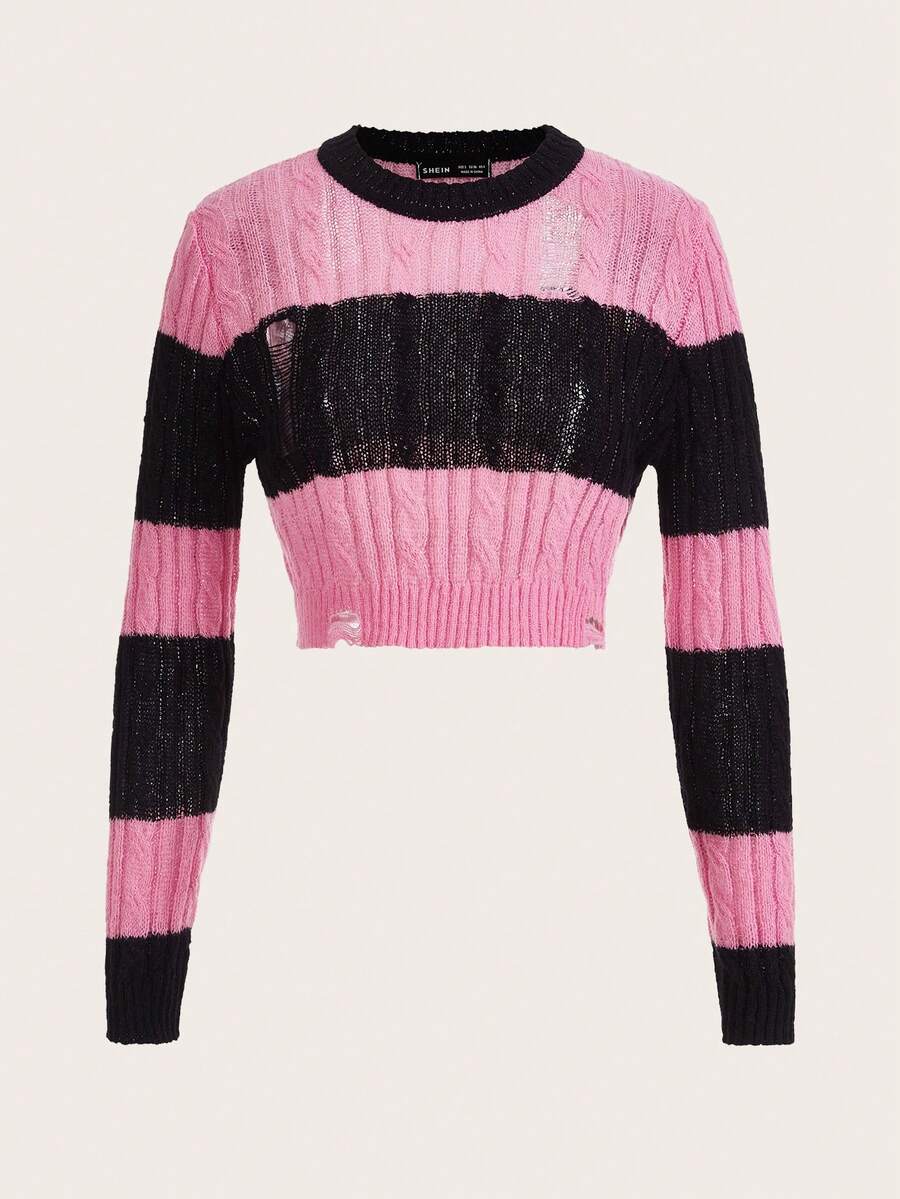 SHEIN EZwear 撞色破洞短款毛衣 - 彩色 - 查看 1