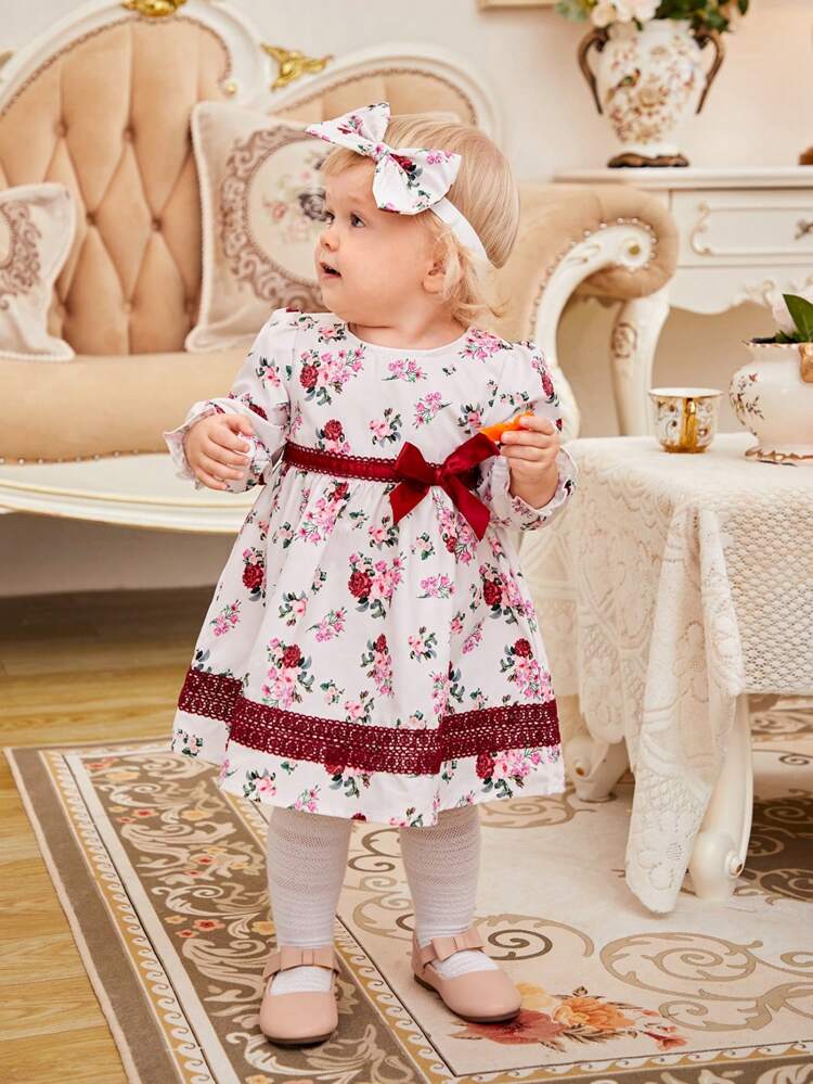 Baby Girl Floral Print Bow Front Dress With Headband