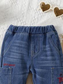 Baby Girl Letter Embroidery Pocket Jeans - Light Wash - View 5
