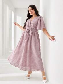 Modelyn Plus Butterfly Sleeve Fuzzy Belted Dress - Dusty Pink - View 1