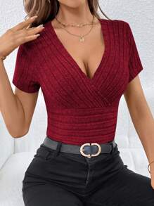 SHEIN Essnce Surplice Neck Ribbed Knit Tee - Burgundy - View 1