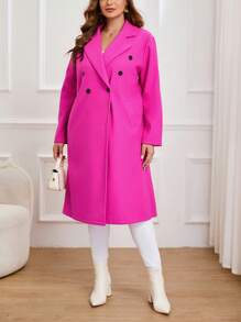 SHEIN Privé Plus Lapel Neck Double Breasted Overcoat - Hot Pink - View 6