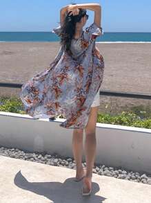DAZY Tropical Print Open Front Kimono Summer,Beach Women Outfits