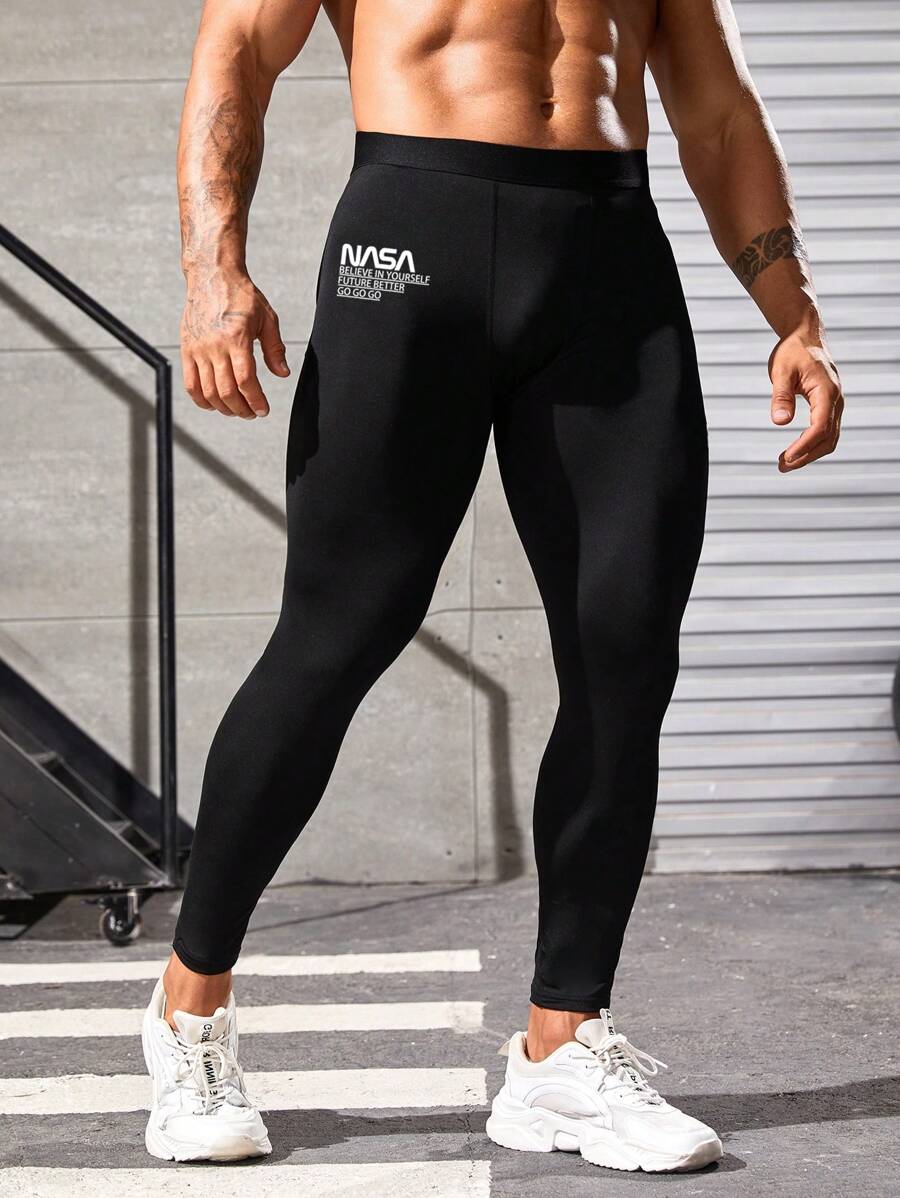 Running Boyfriend Style Men Slogan Graphic Sports Tights - Black - View 1