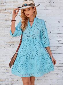 GENKIRA Eyelet Embroidery Button Front Smock Dress Vacation Outfits Woman  - Blue - View 3