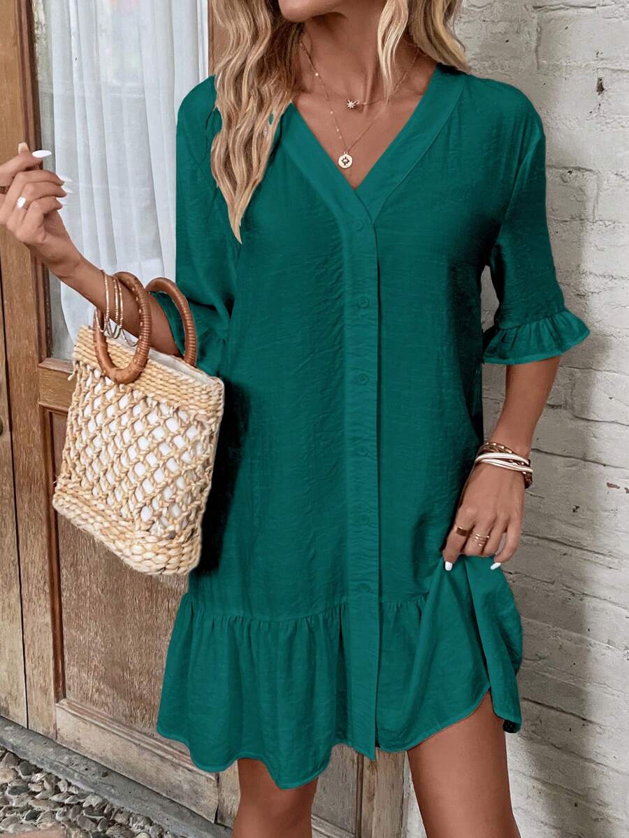 SHEIN LUNE 荷葉袖荷葉邊和服罩衫 - 水鴨藍 - 查看 1