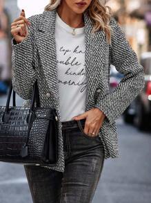 SHEIN LUNE Solid Double Breasted Blazer - Black and White - View 5