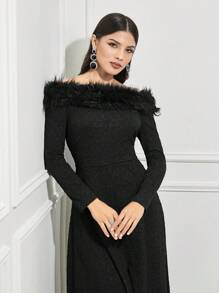 Modelyn Off Shoulder Fuzzy Trim Glitter Dress Without Belt - Black - View 5