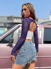 SHEIN ICON Fishnet Super Crop Top Without Tube Top - Purple - View 2