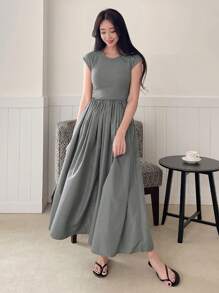 DAZY Solid Cap Sleeve A-line Dress - Grey - View 3