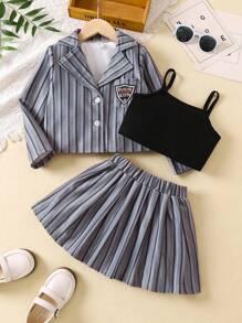 SHEIN 女小童吊帶上衣&條紋印花半身裙&字母補丁細節夾克 - 彩色 - 查看 1