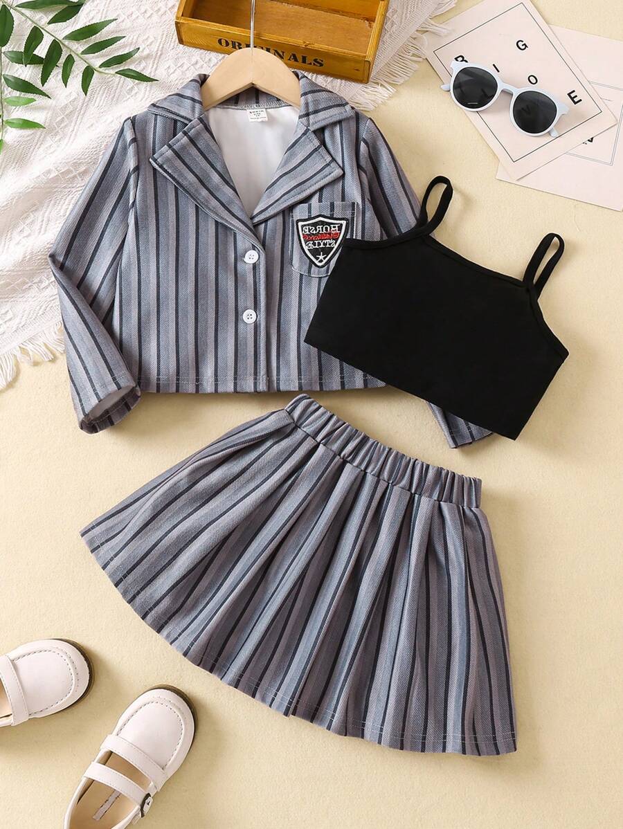 SHEIN 女小童吊帶上衣&條紋印花半身裙&字母補丁細節夾克 - 彩色 - 查看 1