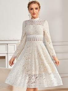 優雅小高領蕾絲正式晚禮服 - 米色 - 查看 6