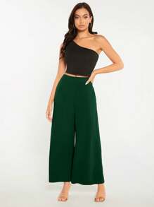 SHEIN BASICS Pantalones de pierna ancha unicolor - Verde Oscuro - Ver 3