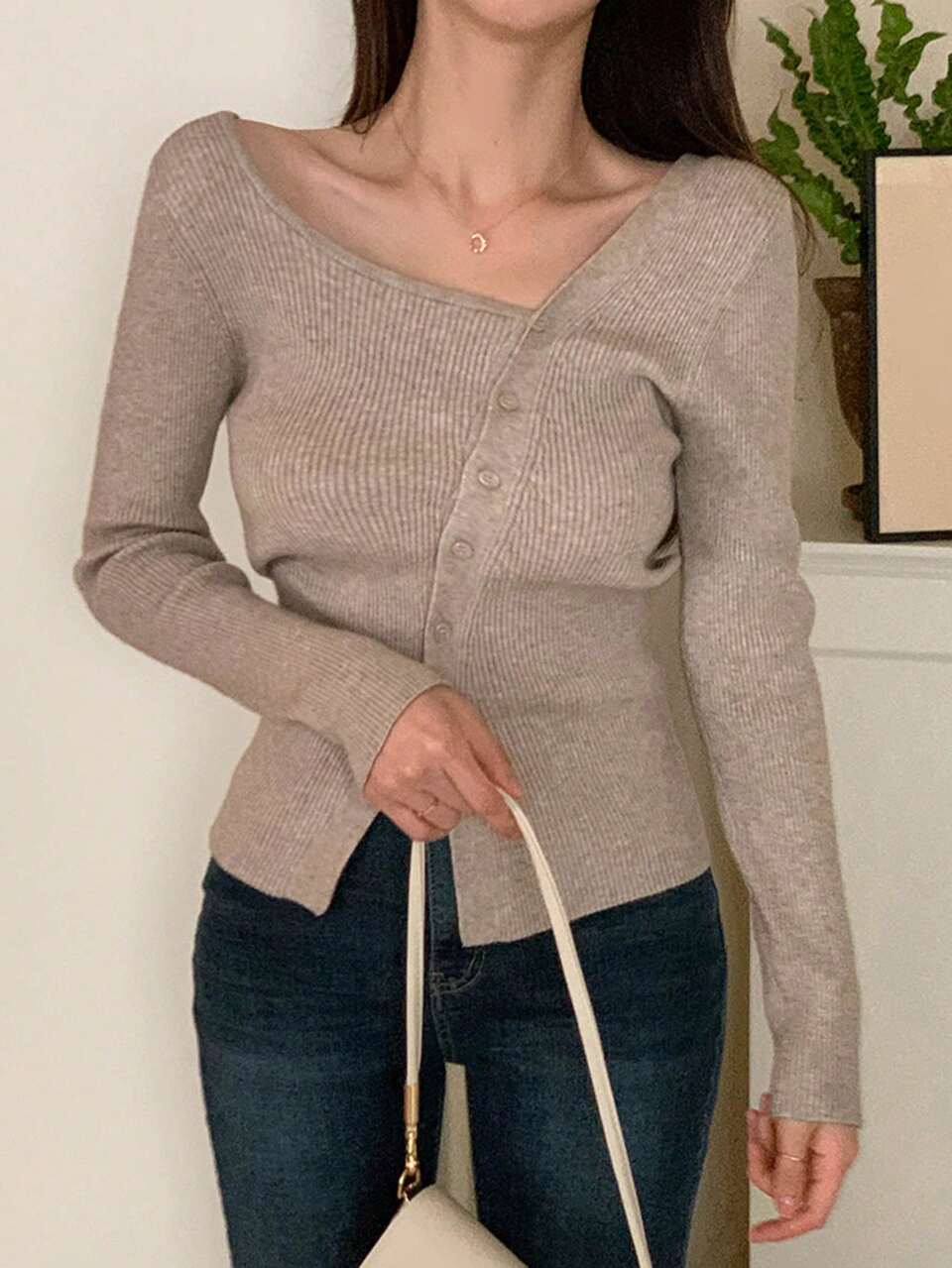Women's Spring & Autumn Casual Solid Color Oblique Shoulder Cardigan,Long Sleeve Tops,Fall Women Clothes