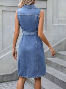 SHEIN Privé Flap Pocket Belted Denim Dress - Light Wash - View 2