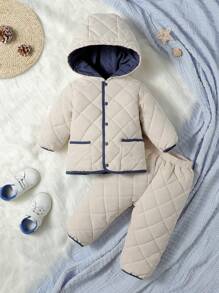Baby Girl Contrast Binding Hooded Padded Coat & Pants - Apricot - View 1