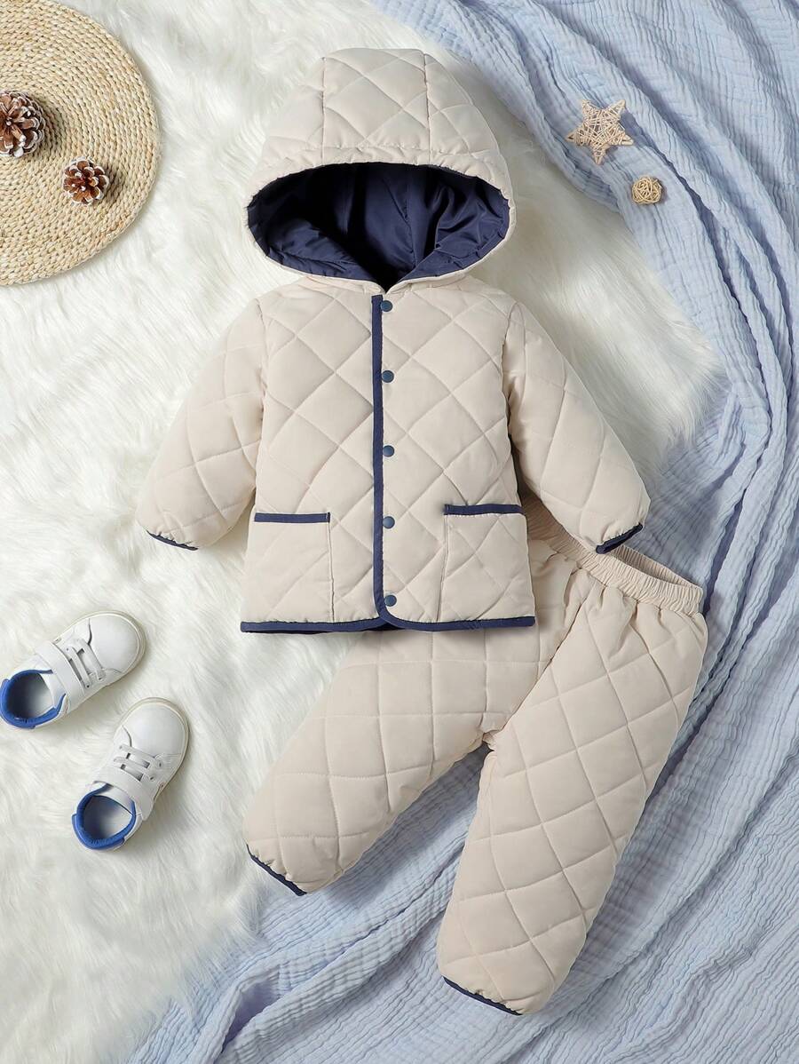 Baby Girl Contrast Binding Hooded Padded Coat & Pants - Apricot - View 1