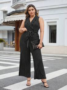 SHEIN Privé Plus Striped Print Belted Wide Leg Jumpsuit