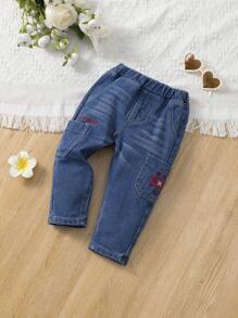 Baby Girl Letter Embroidery Pocket Jeans - Light Wash - View 3