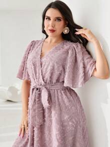Modelyn Plus Butterfly Sleeve Fuzzy Belted Dress - Dusty Pink - View 5