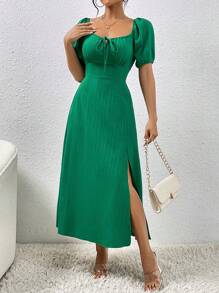Chiquease Tie Front Split Thigh Puff Sleeve Dress Maxi Women Outfit - Green - View 1