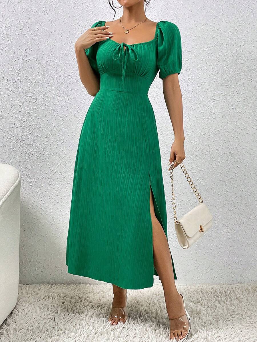 Chiquease Tie Front Split Thigh Puff Sleeve Dress Maxi Women Outfit - Green - View 1
