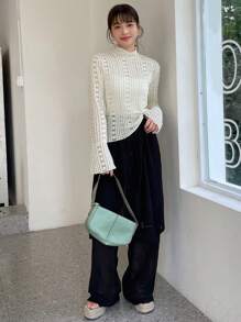 Áo thun tay loe cổ bẻ tay dài mỏng nhẹ dành cho nữ, Quần áo nữ mùa thu - Màu be - Xem 5
