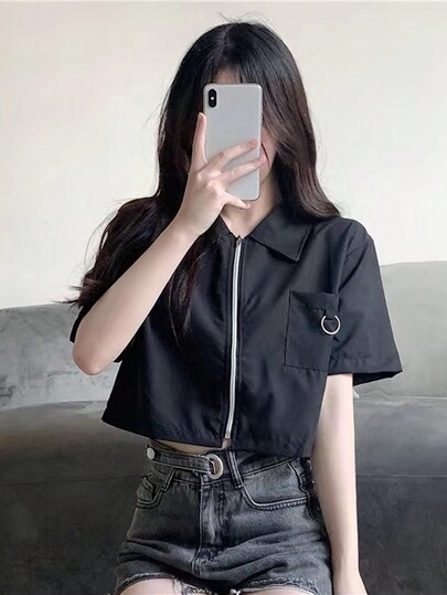 Solid Zip Through Crop Shirt Casual Black Summer