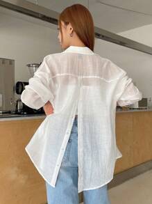 DAZY 净色落肩纽扣前开襟长袖衬衫 - 白色 - 查看 2