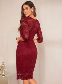 SHEIN Clasi 素色蕾絲覆蓋緊身洋裝 - 酒紅色 - 查看 5