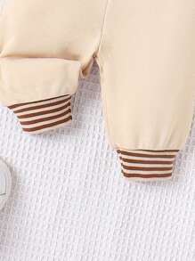 SHEIN Baby Boy Cartoon Embroidery 3D Ear Design Striped Trim Pants - Apricot - View 3