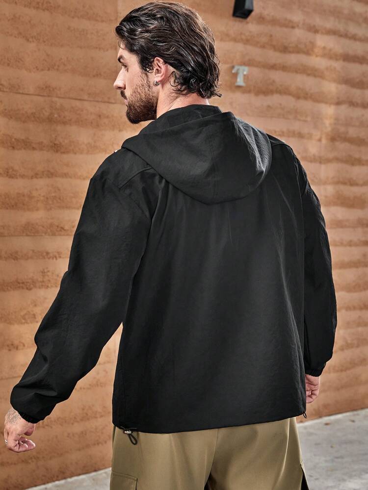 Loose Fit Men's Zipper Closure Hooded Jacket With Drawstring