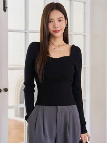 DAZY Cổ Trái tim Đồ đan Ribbed Áo len - màu đen - Xem 4