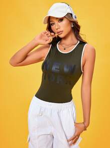 SHEIN Unity Letter Graphic Contrast Binding Tank Bodysuit - Army Green - View 5
