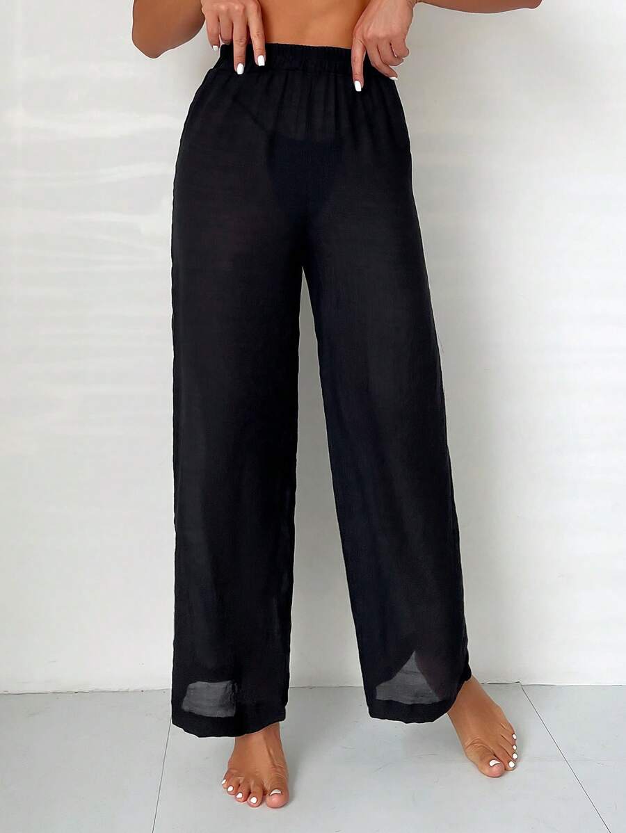 Swim Vcay 素色透視網紗罩衫長褲 - 黑色 - 查看 1