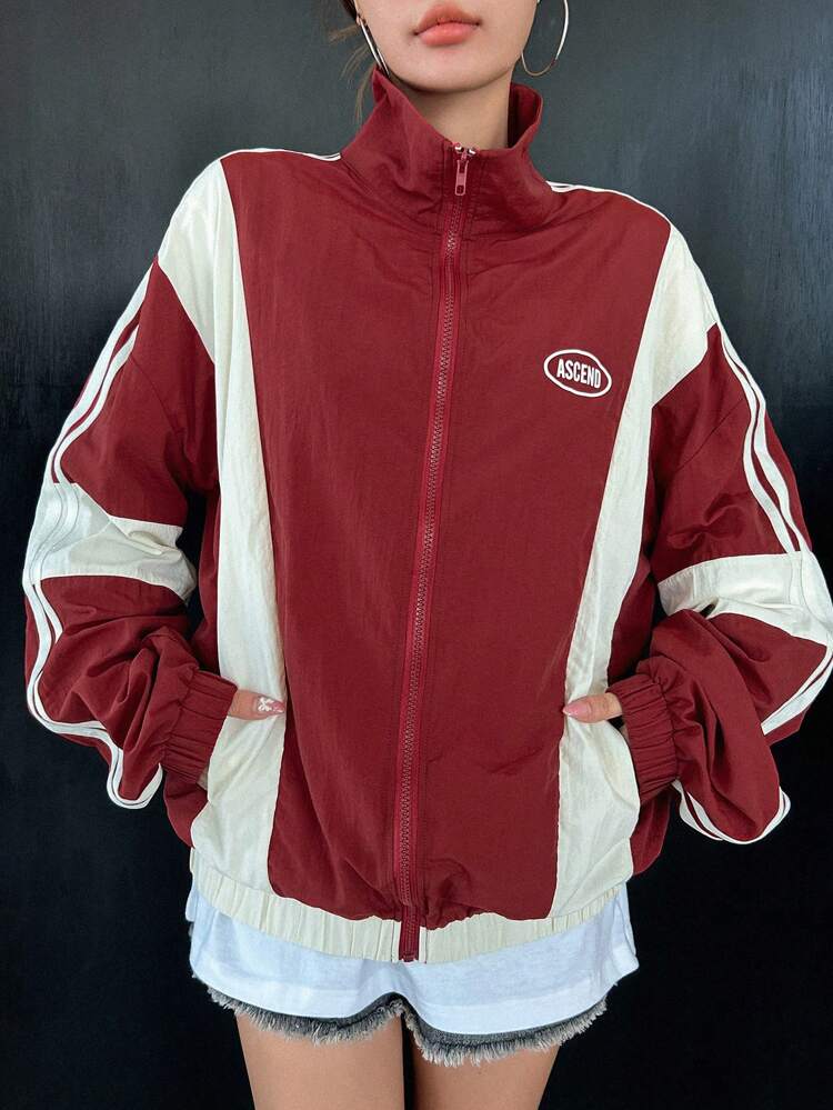 Letter Graphic Striped Side Drop Shoulder Jacket,Fall Clothes