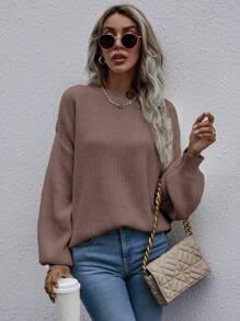 SHEIN Frenchy Chất rắn Thả vai Đồ đan Ribbed Áo len - màu nâu - Xem 5