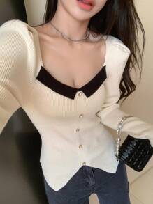DAZY Contrast Trim Button Front Ribbed Sweater,Long Sleeve Tops,Fall Clothes - Apricot - View 6