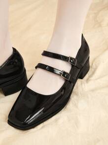 CUCCOO DOLLMOD Women Square Toe Ankle Strap Flats, Elegant Black Flat Shoes Vacation Shoes Summer