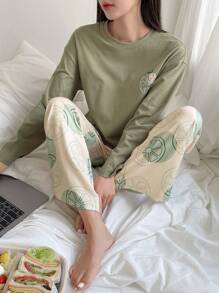 DAZY Cartoon Grafik, Drop Shoulder T-Shirt mit & Hose Lounge Set mit - Grün - Übersicht 3