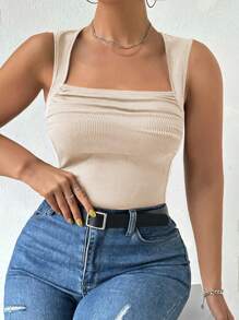 Calvaya Hơn Xù Cổ vuông Áo ba lỗ - Màu be - Xem 5